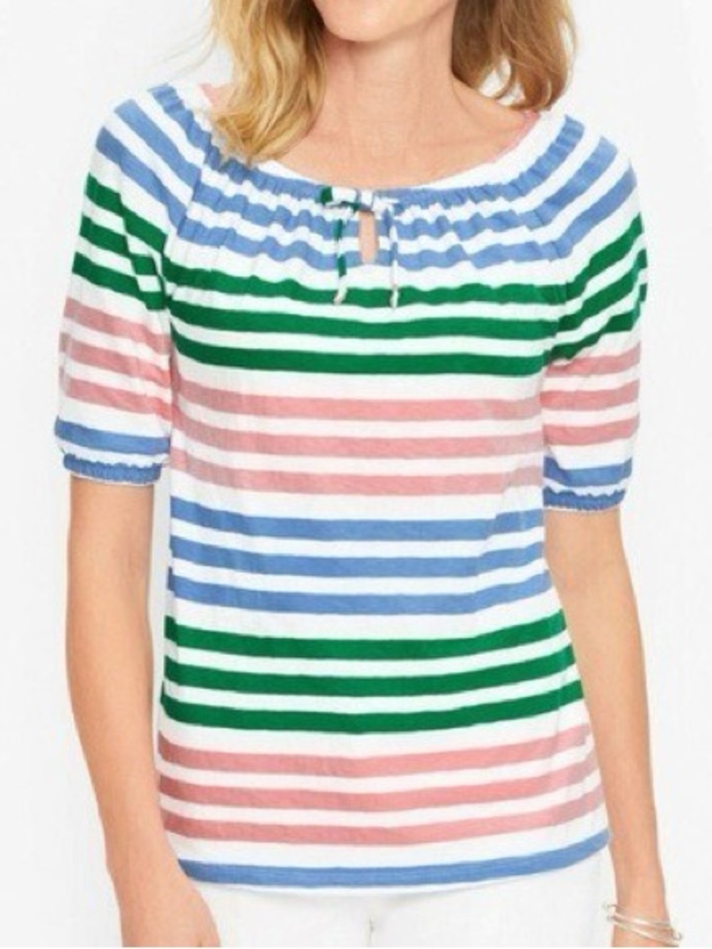 Talbots Women M Colorful Striped Cotton Preppy Short Sleeve Tie Front T-Shirt